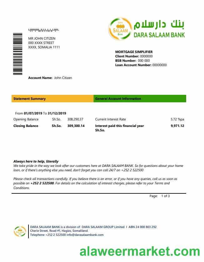 Somalia Dara Salaam Bank statement template in Word and PDF format, good for address prove